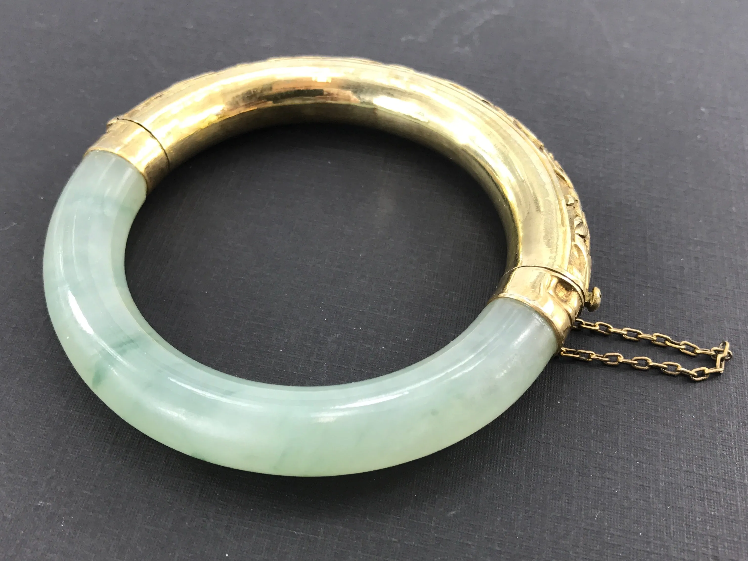 Vintage Gold Washed Silver Icy Moss in Snow Jadeite Jade Chinese Bangle Bracelet
