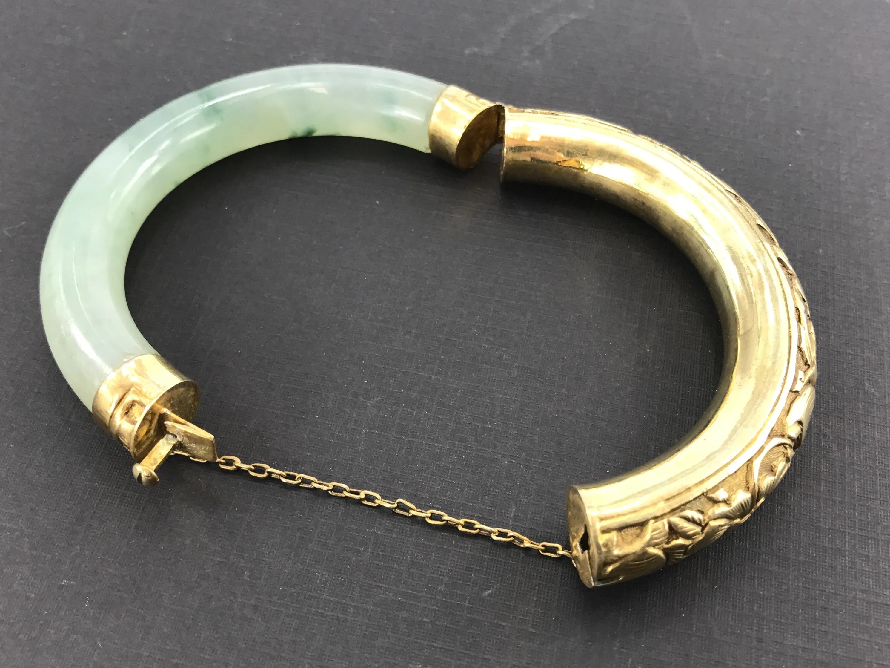 Vintage Gold Washed Silver Icy Moss in Snow Jadeite Jade Chinese Bangle Bracelet