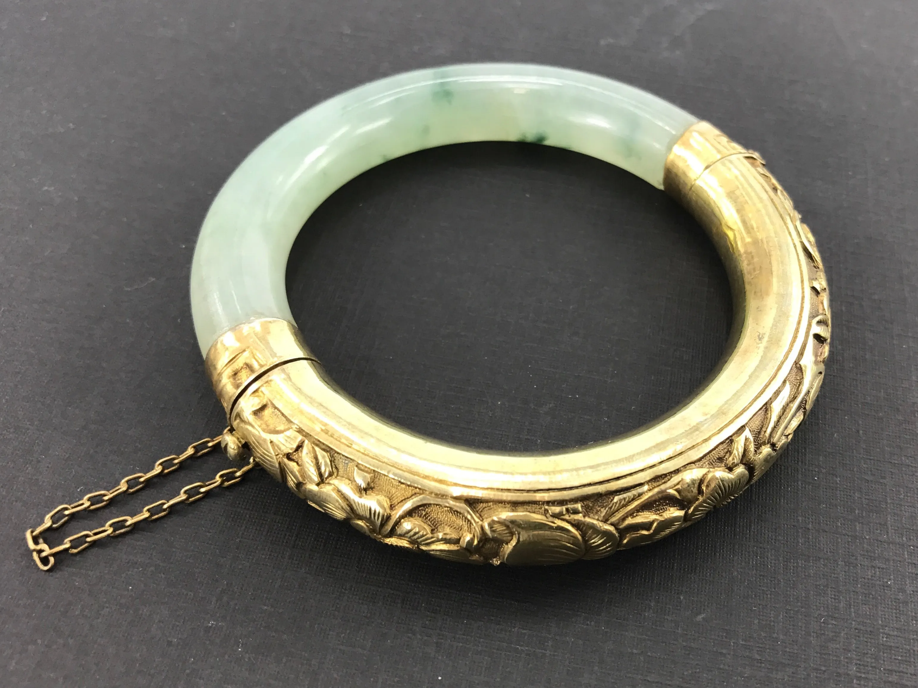 Vintage Gold Washed Silver Icy Moss in Snow Jadeite Jade Chinese Bangle Bracelet