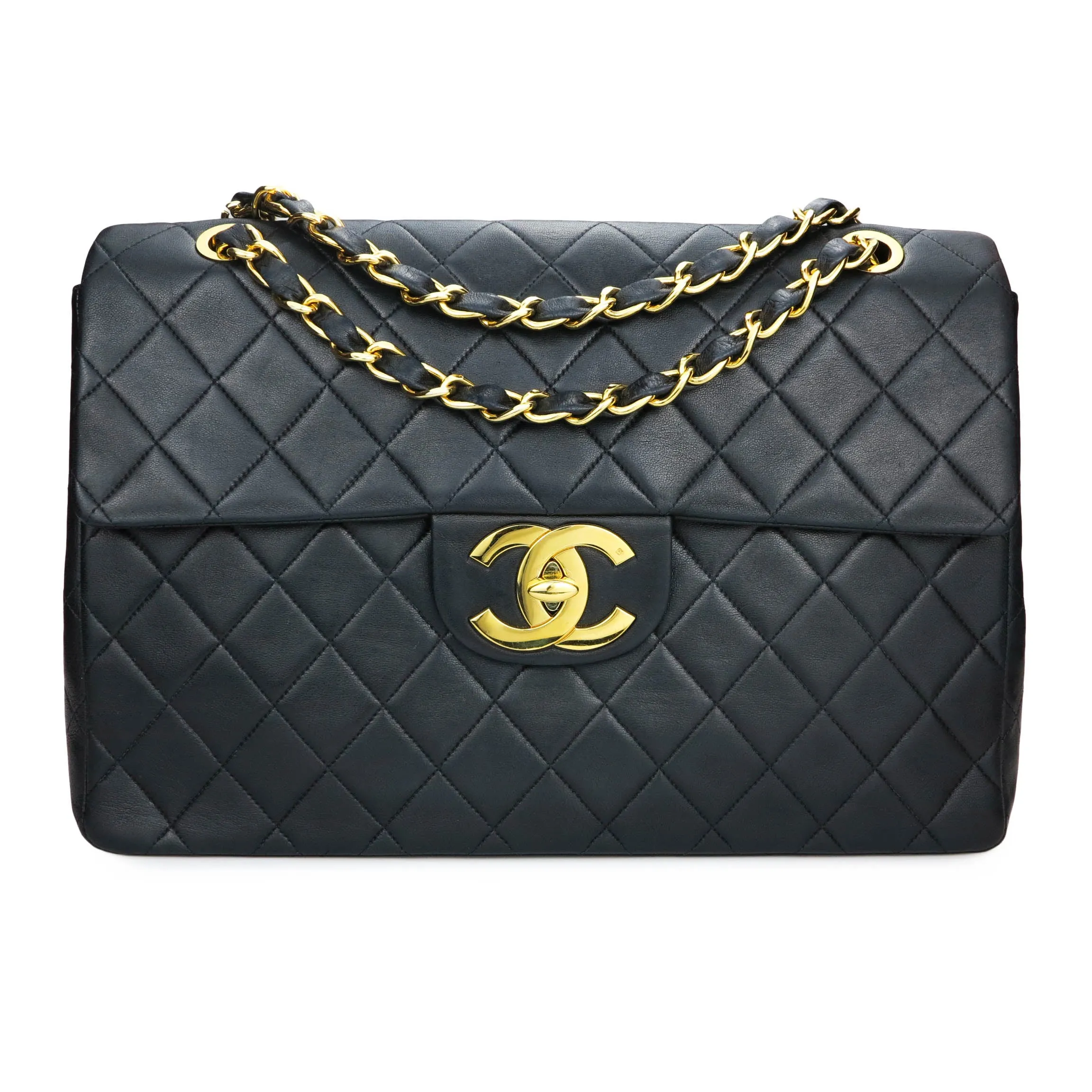 Vintage XL Logo Maxi Jumbo Single Flap Bag in Black Lambskin