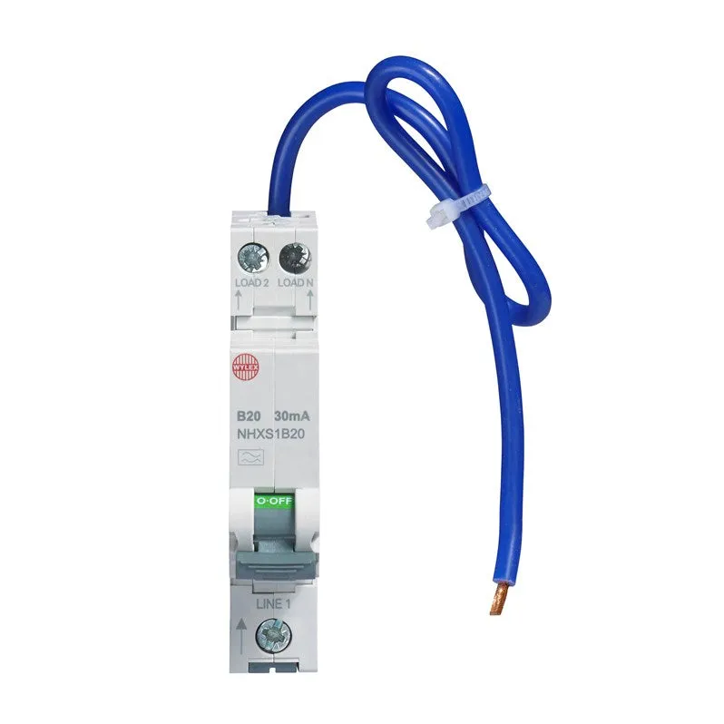 Wylex NHXS1B20 20A 30mA SP N B Curve 6kA Type A Compact RCBO