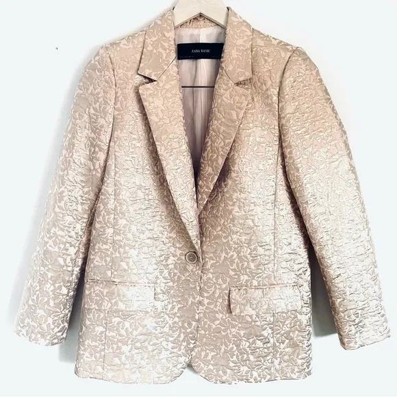 Zara Basic Metallic Gold And Pink Jacquard Blazer Jacket Size XS EUC
