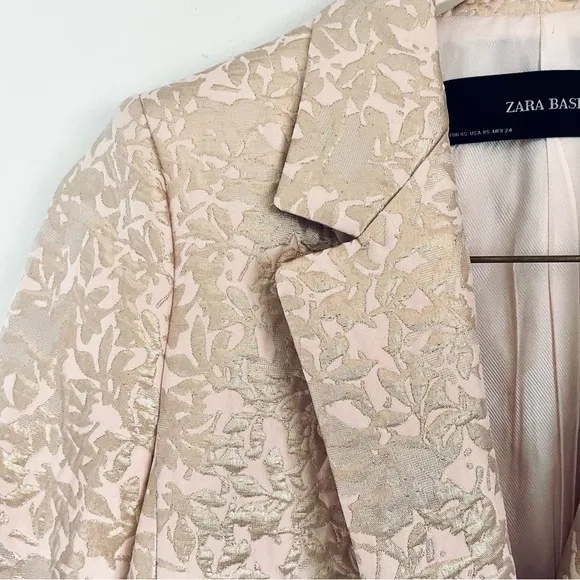Zara Basic Metallic Gold And Pink Jacquard Blazer Jacket Size XS EUC