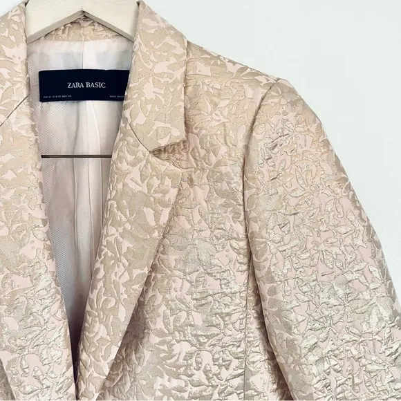 Zara Basic Metallic Gold And Pink Jacquard Blazer Jacket Size XS EUC