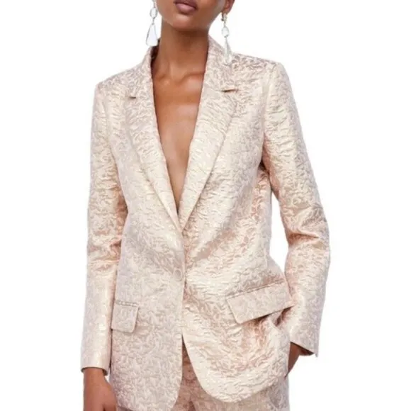 Zara Basic Metallic Gold And Pink Jacquard Blazer Jacket Size XS EUC