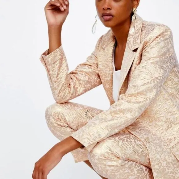 Zara Basic Metallic Gold And Pink Jacquard Blazer Jacket Size XS EUC